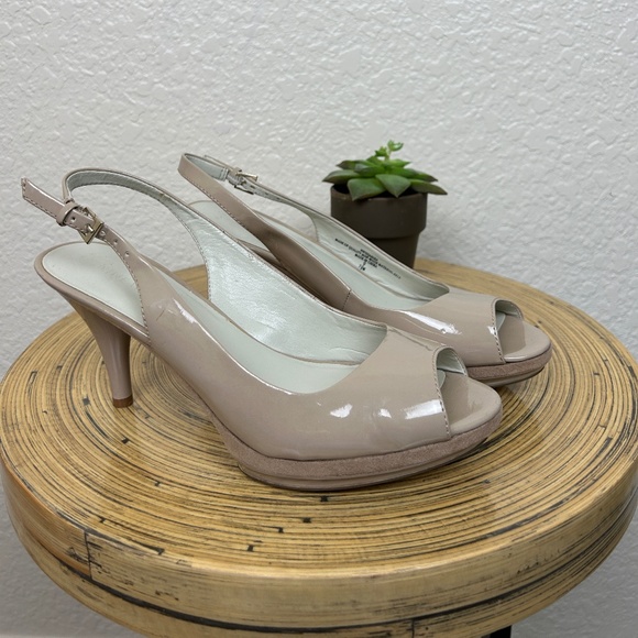 Nine West Shoes - Nine West 'Sharina' Nude Patent Leather & Suede Peep Toe Sling Back Pump - 7.5M